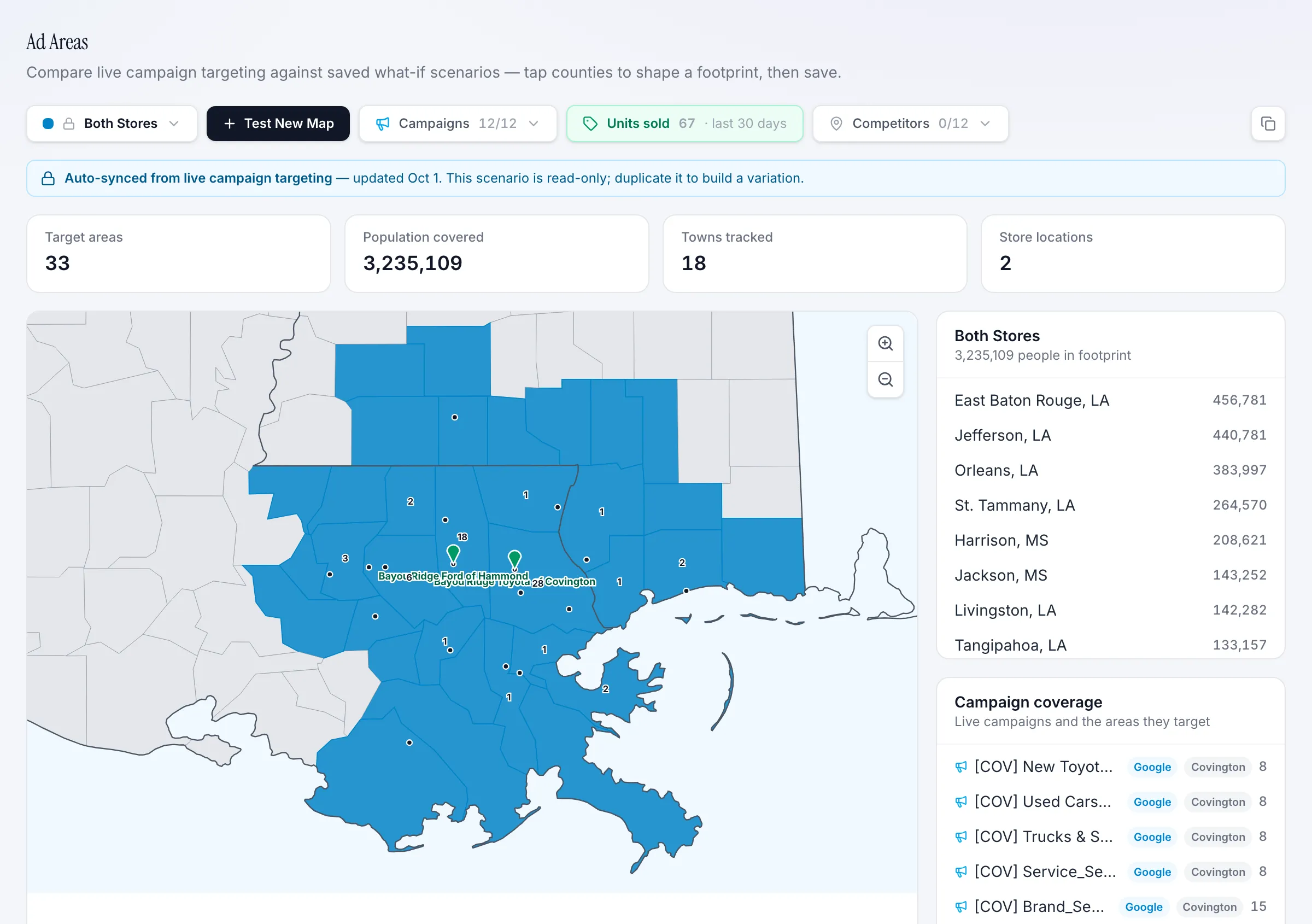 Ad Areas map showing targeted parishes and counties with units sold per parish for a two-store dealer group