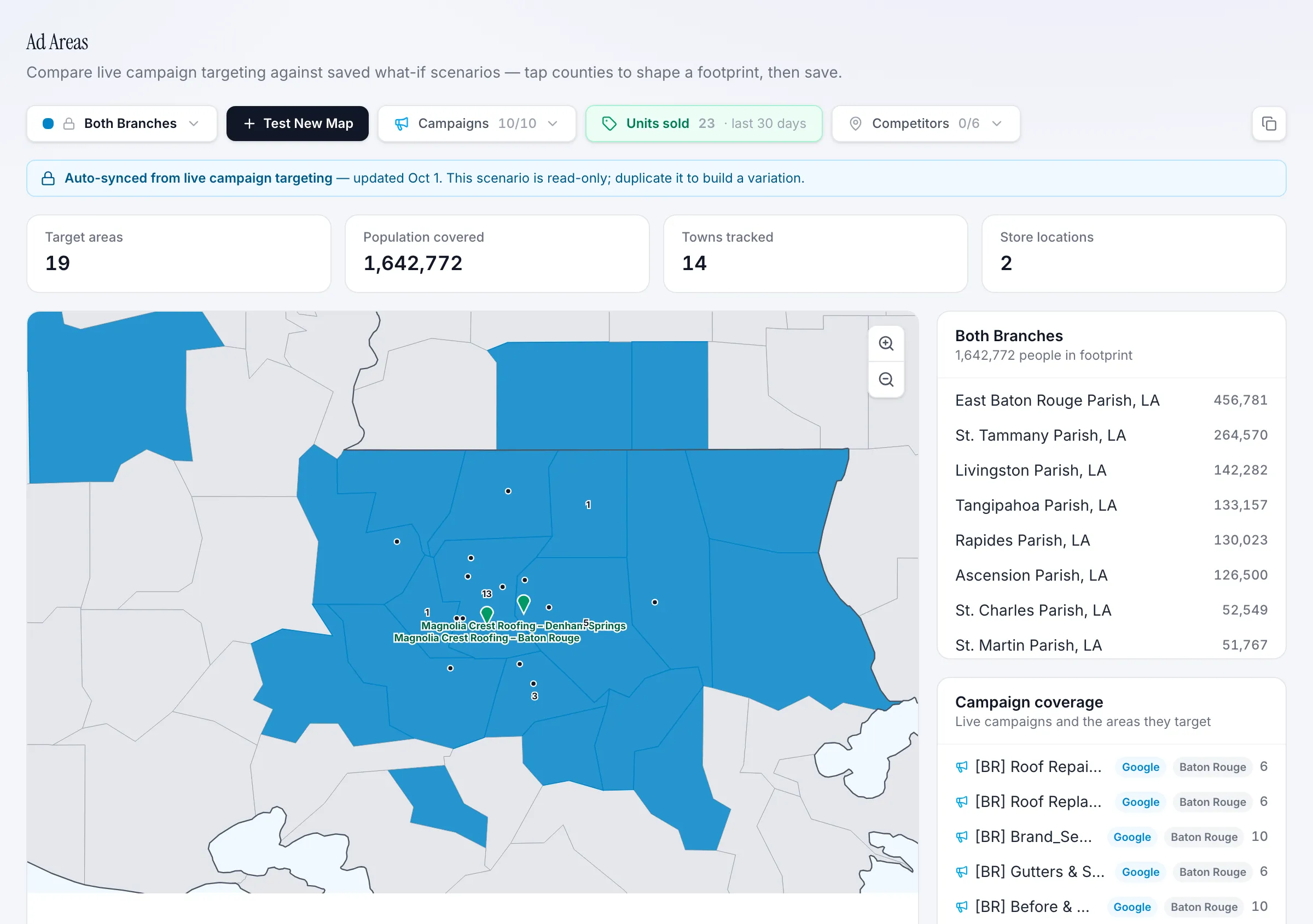 Ad Areas map showing targeted parishes with jobs per parish for a two-office roofer