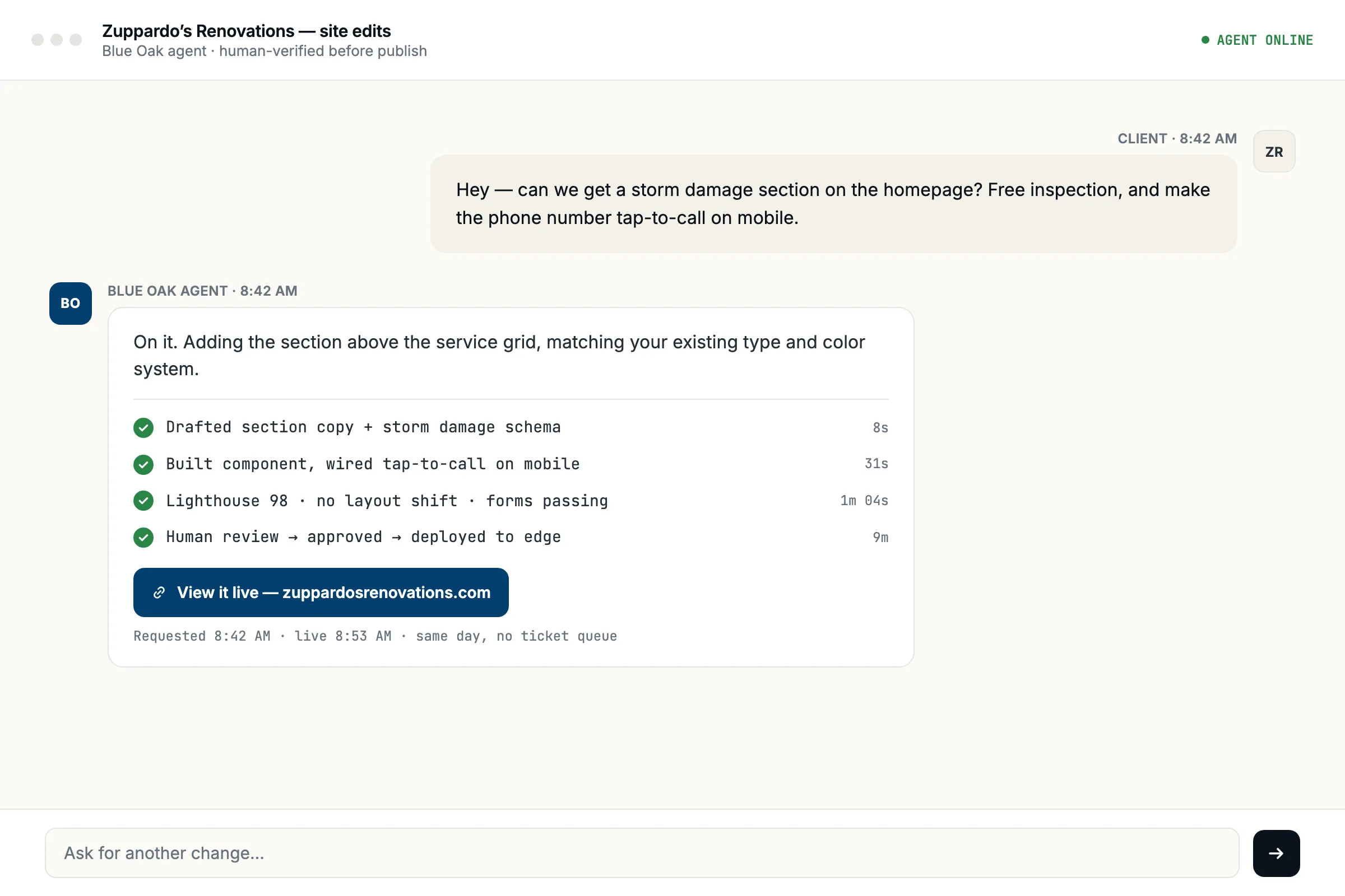 Chat thread showing a client requesting a website change and a Blue Oak AI agent building, verifying, and deploying it the same morning