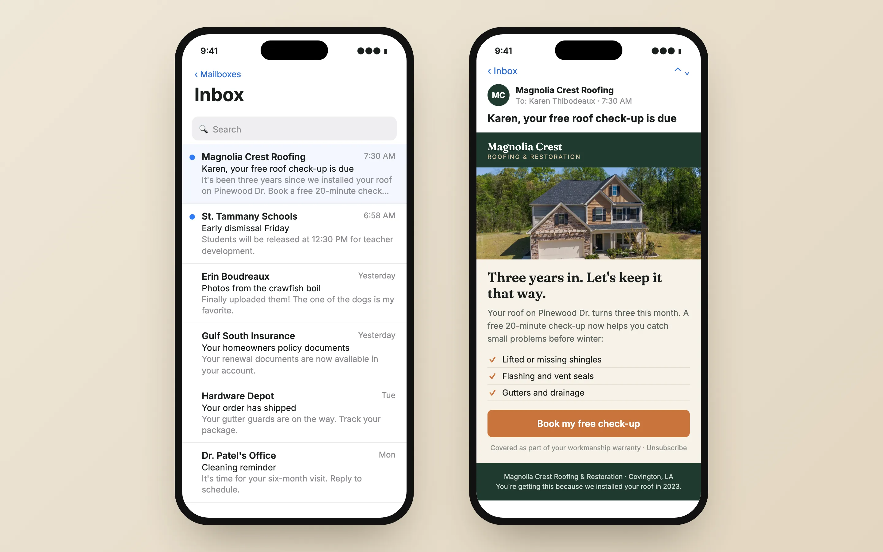 Two phones showing a roofing company check-up email in the inbox and opened, with a house photo and a Book my free check-up button