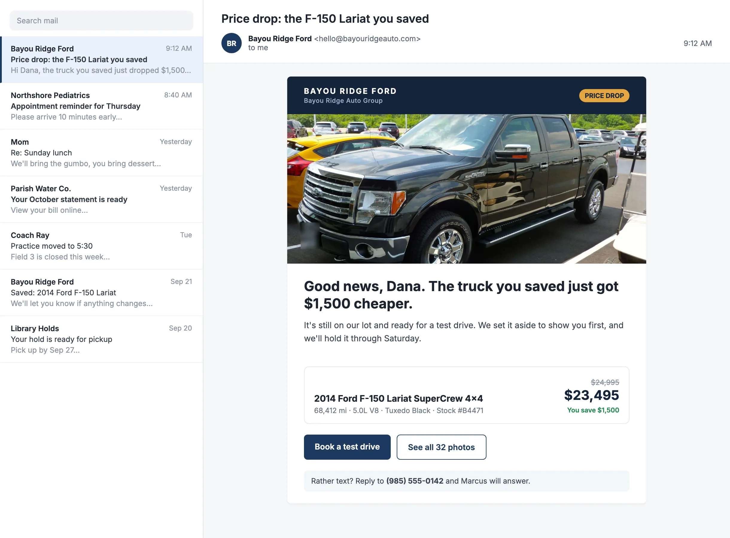 Desktop inbox showing a dealership price-drop email with a black F-150, old and new price and a Book a test drive button