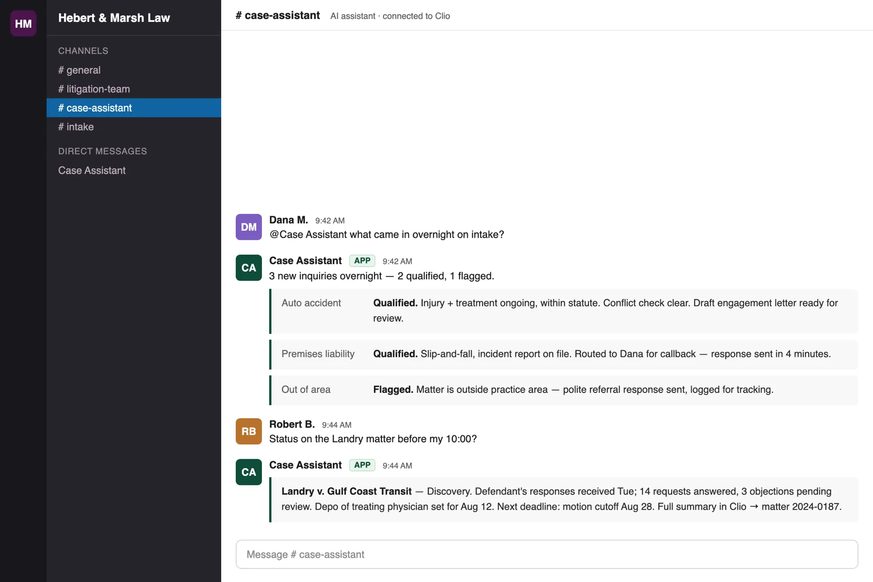 AI case assistant in Slack answering intake triage and case status questions, connected to Clio