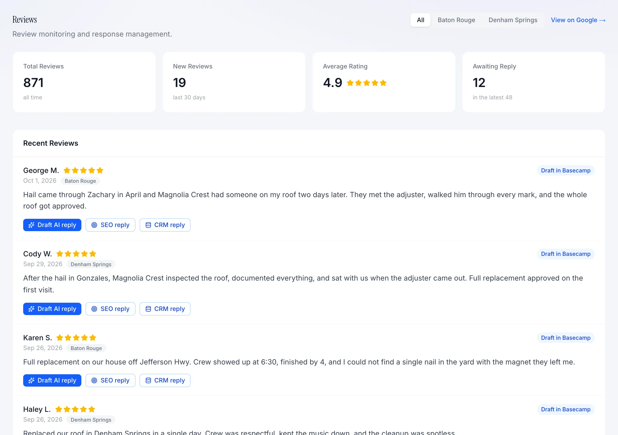 Reviews dashboard with average rating, review count, recent reviews, and reply status per office