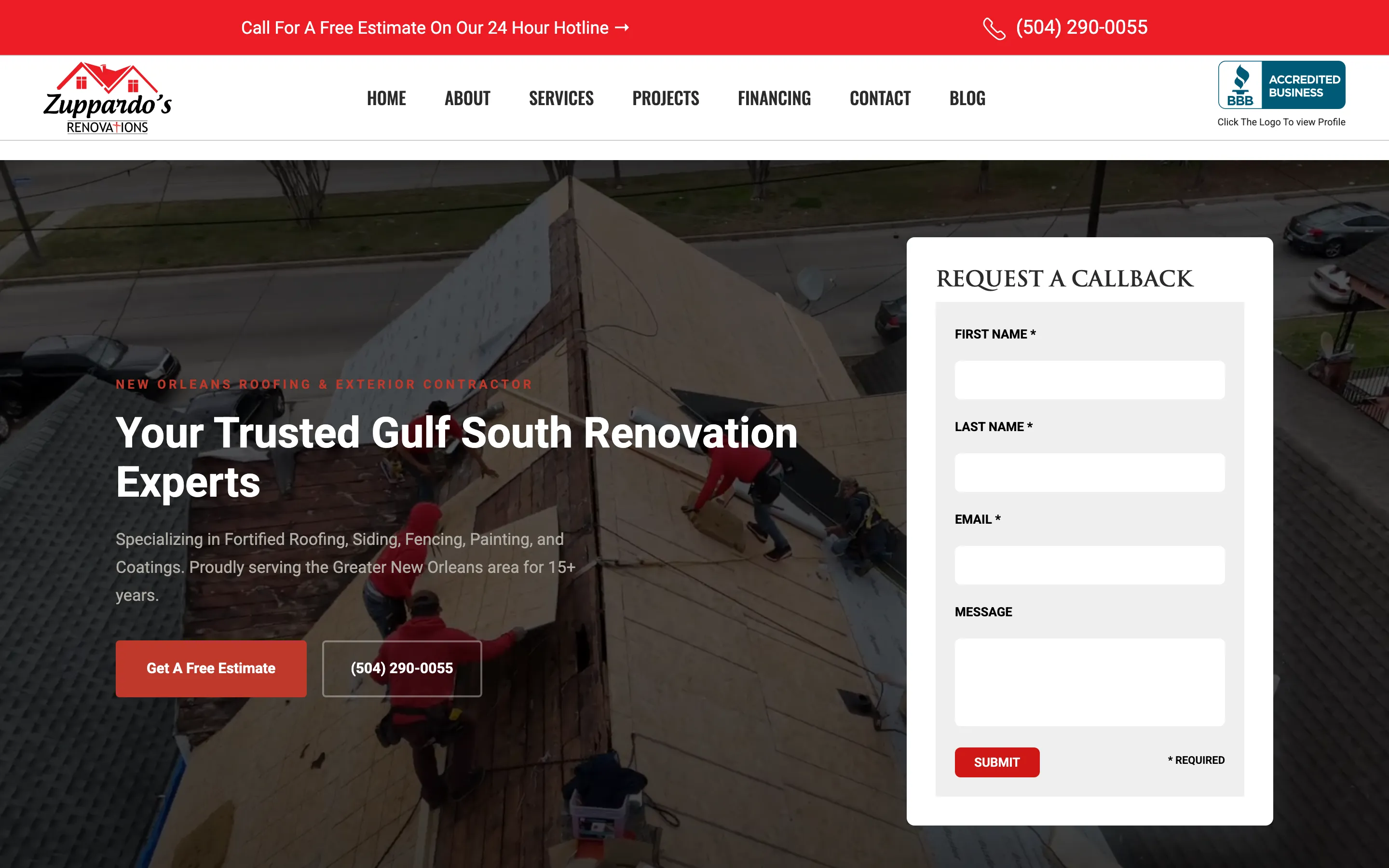 Zuppardo's Renovations website homepage — Gulf South roofing and renovation company site built by Blue Oak
