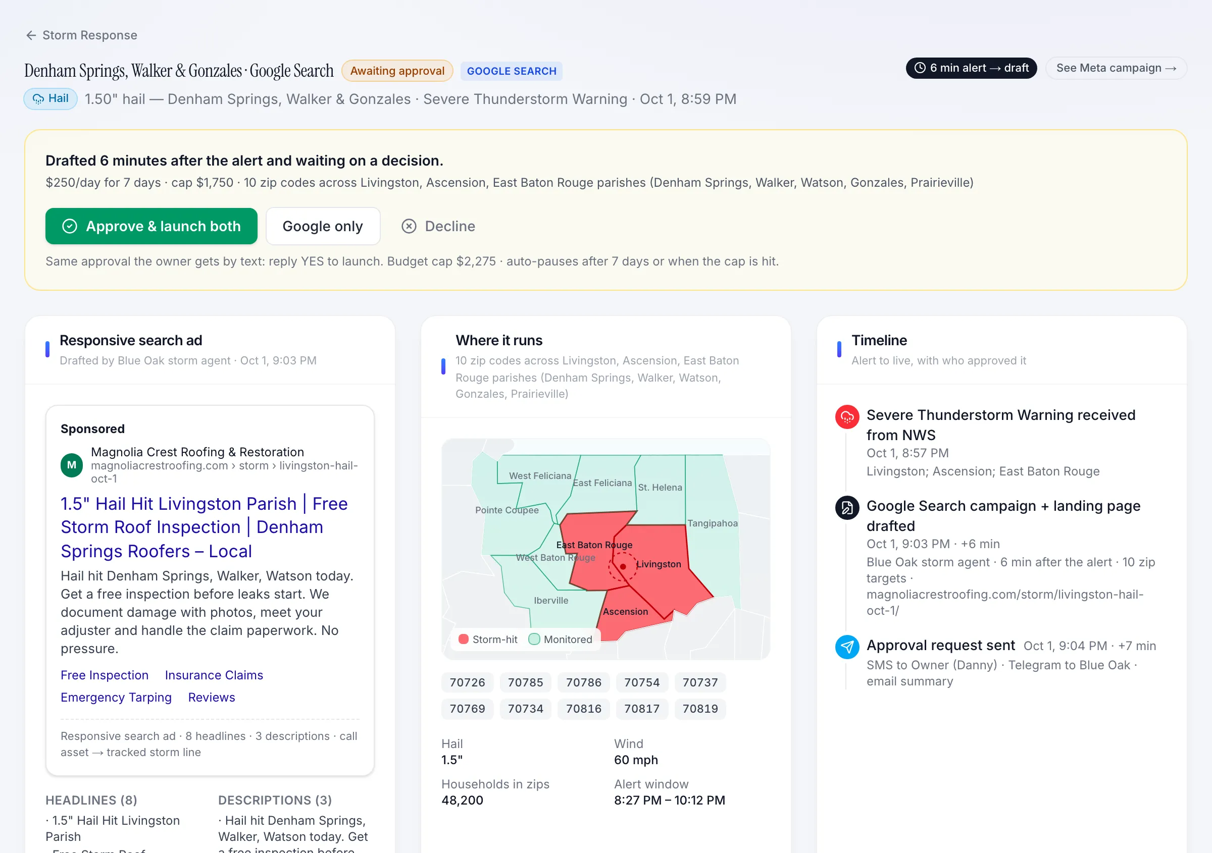 Storm campaign detail with drafted Google and Meta ads, geo targeting map, timeline, and daily performance
