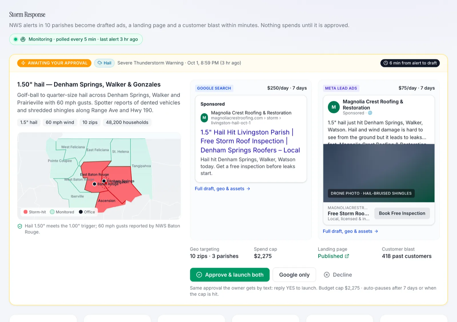 Storm Response dashboard with storms detected, campaigns launched, storm leads, signed jobs, and contracted revenue