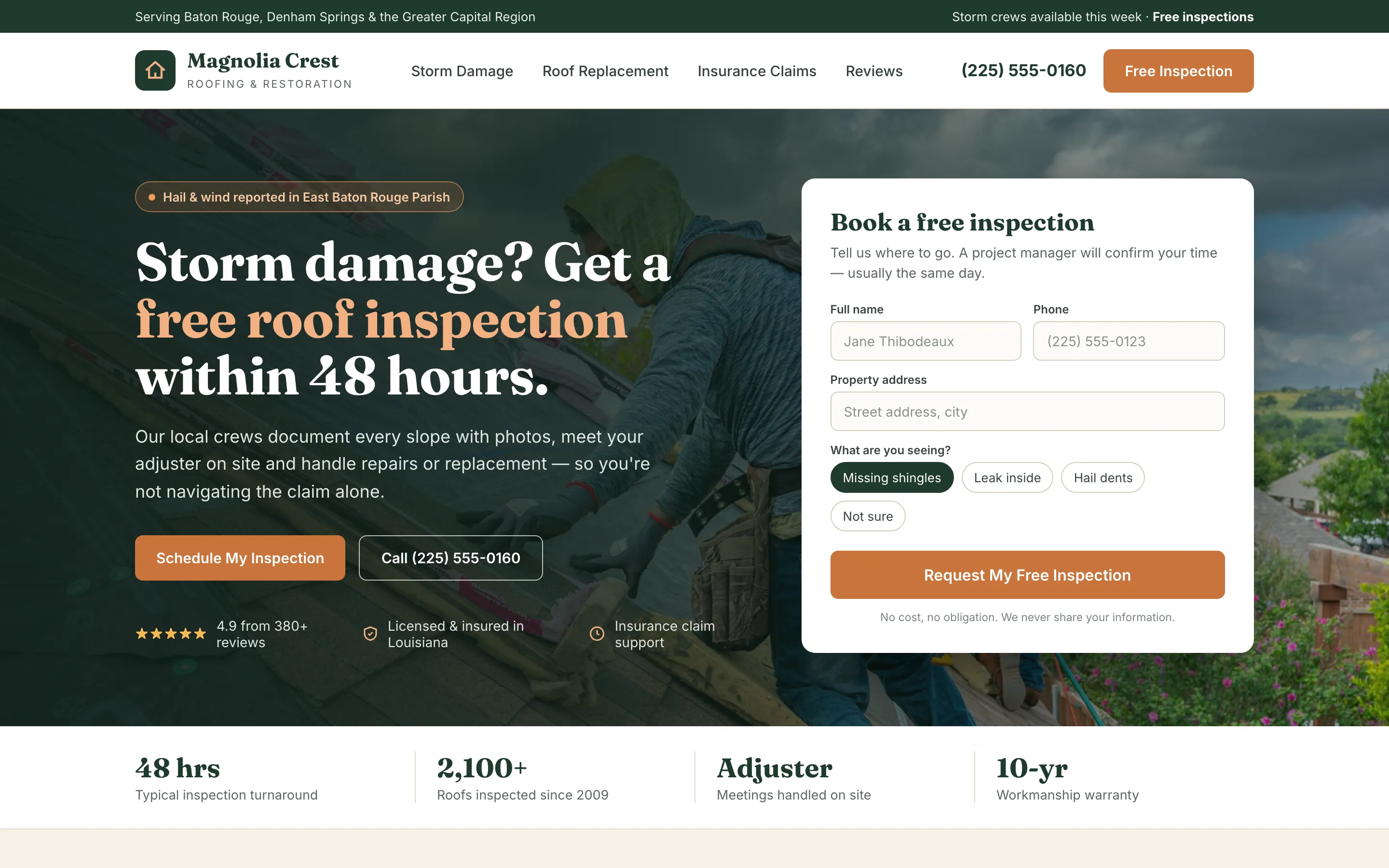 Desktop landing page for a roofing company with a storm-damage headline, trust signals and a free-inspection form