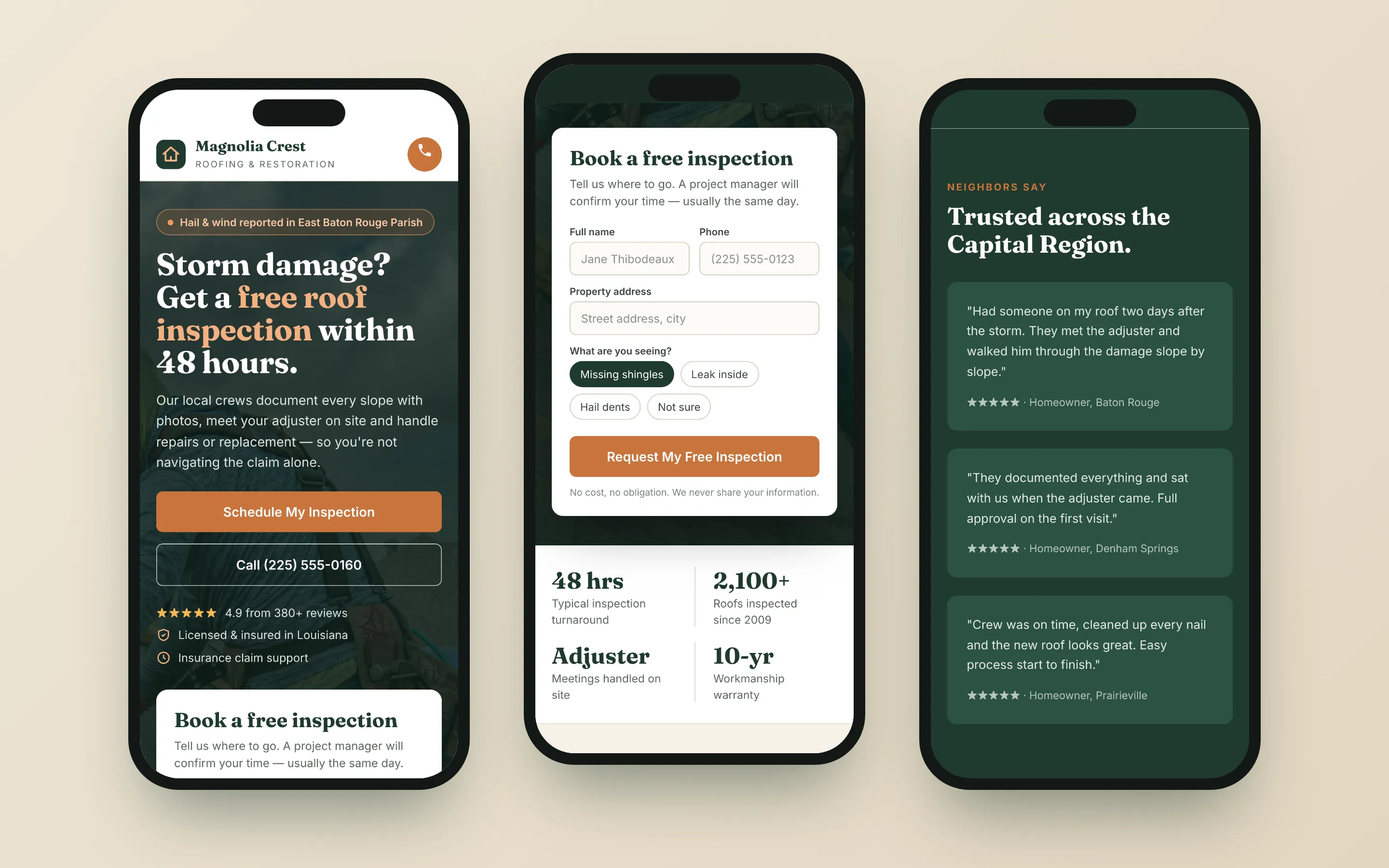 Three phone screens of the roofing landing page showing the hero, inspection form and customer reviews